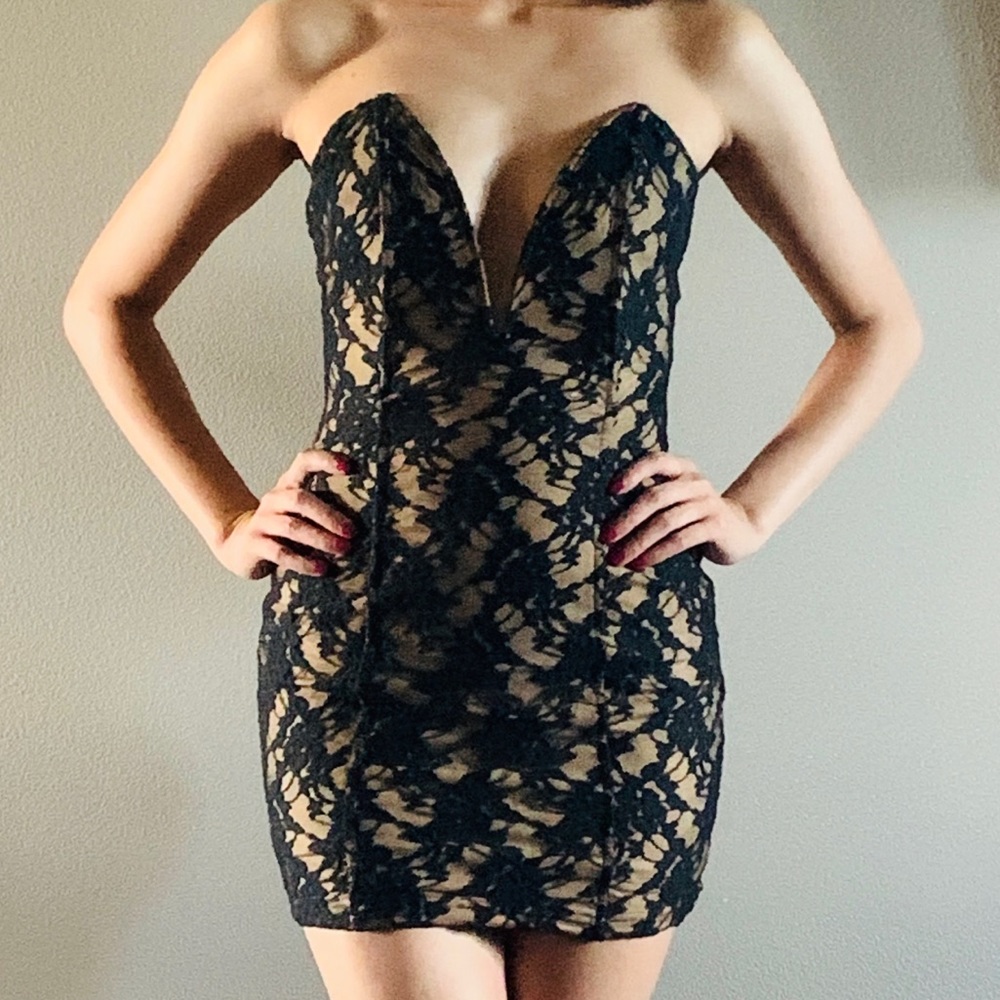 Black Lace Nude Illusion Plunging V Neck Dress